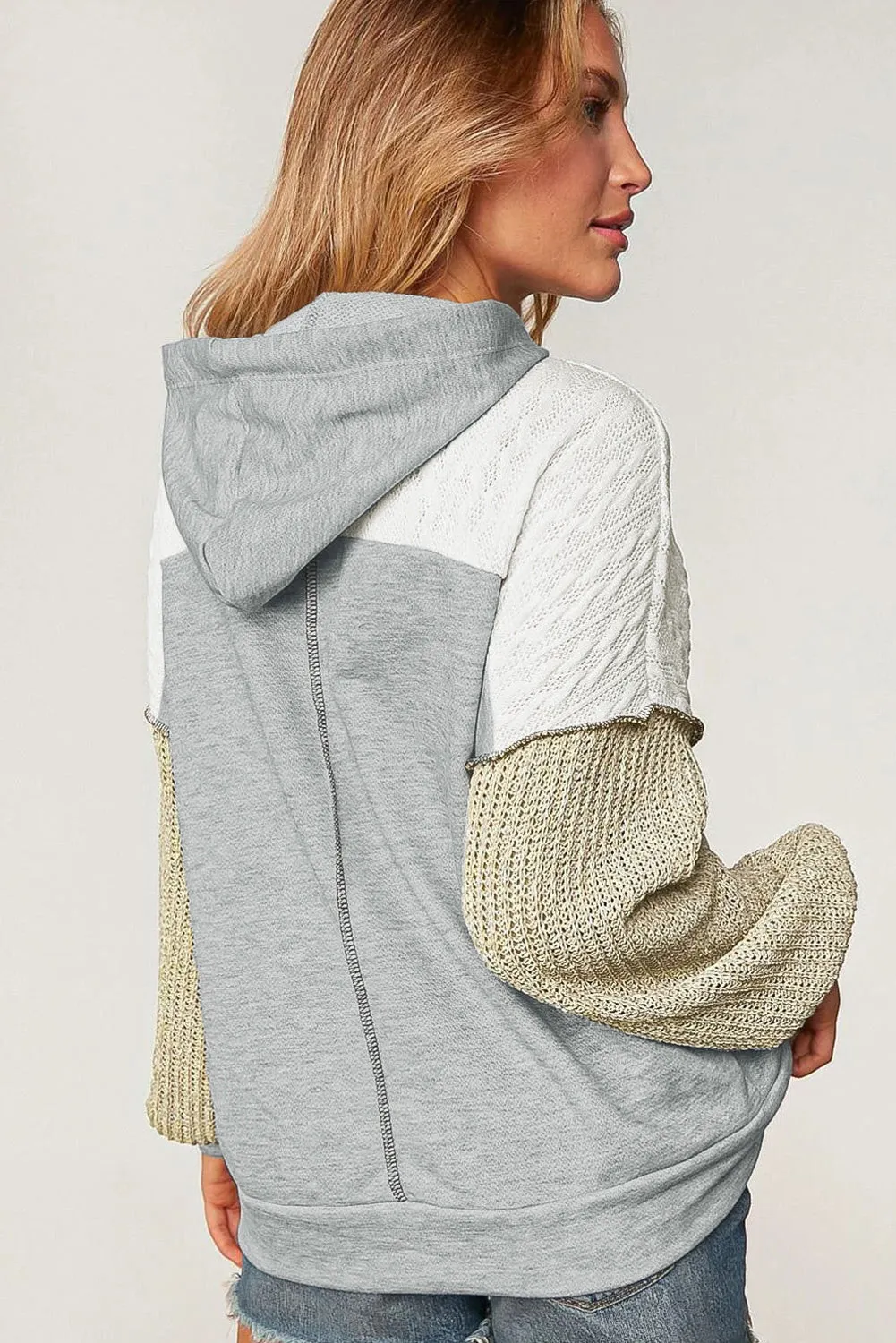 Brown Color Block Exposed Seam Crochet Sleeve Pullover Hoodie