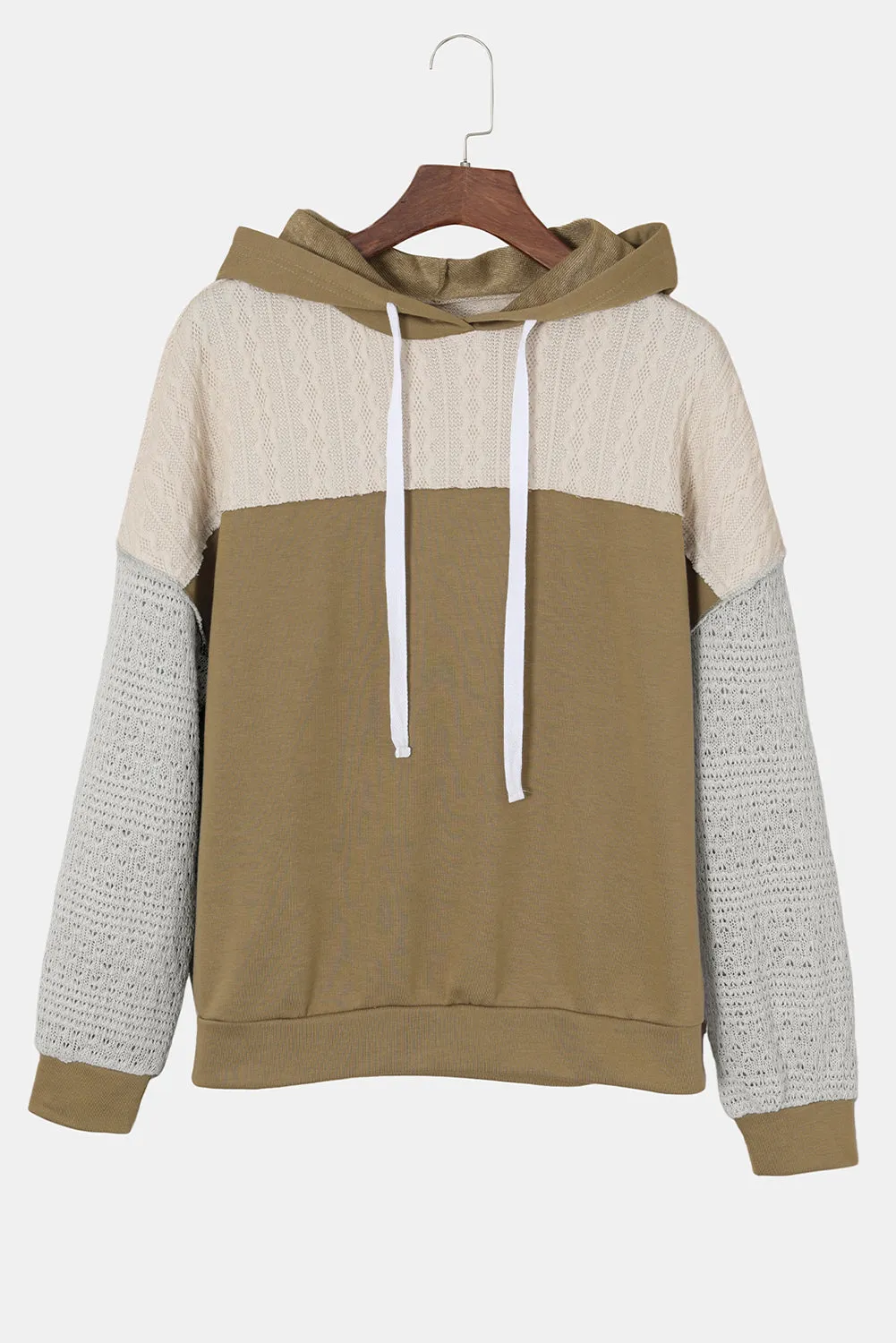 Brown Color Block Exposed Seam Crochet Sleeve Pullover Hoodie