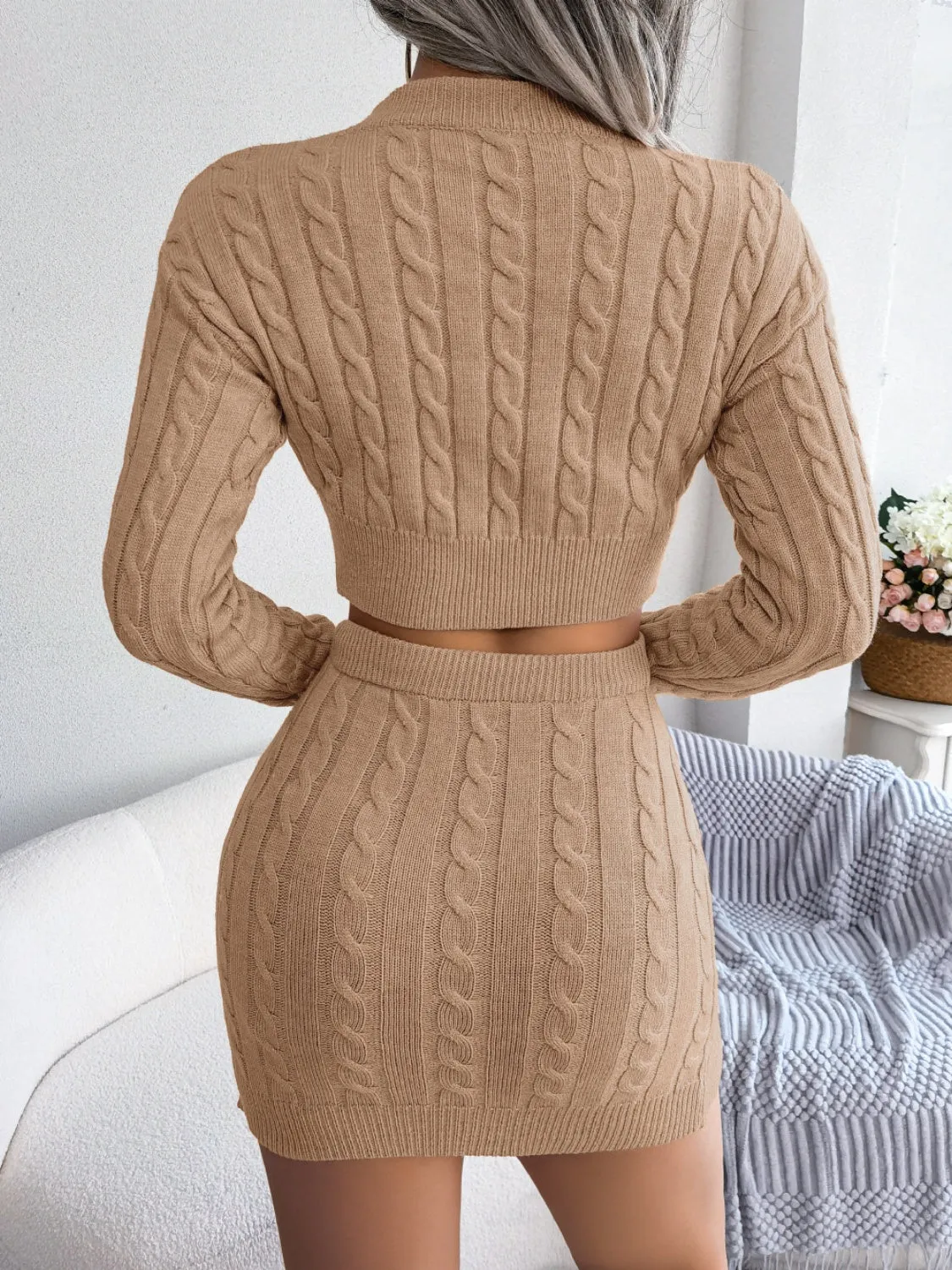 Cable-Knit Round Neck Top and Skirt Sweater Set