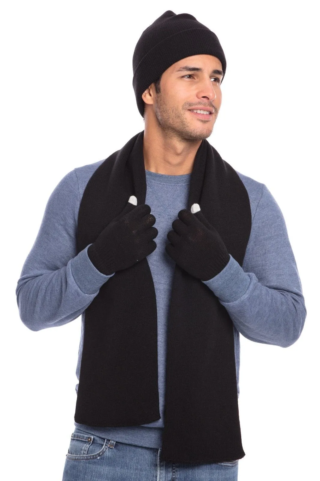 Casaba Winter 3 Piece Set Beanie Hat Scarf Touchscreen Gloves Flat Knit for Men Women