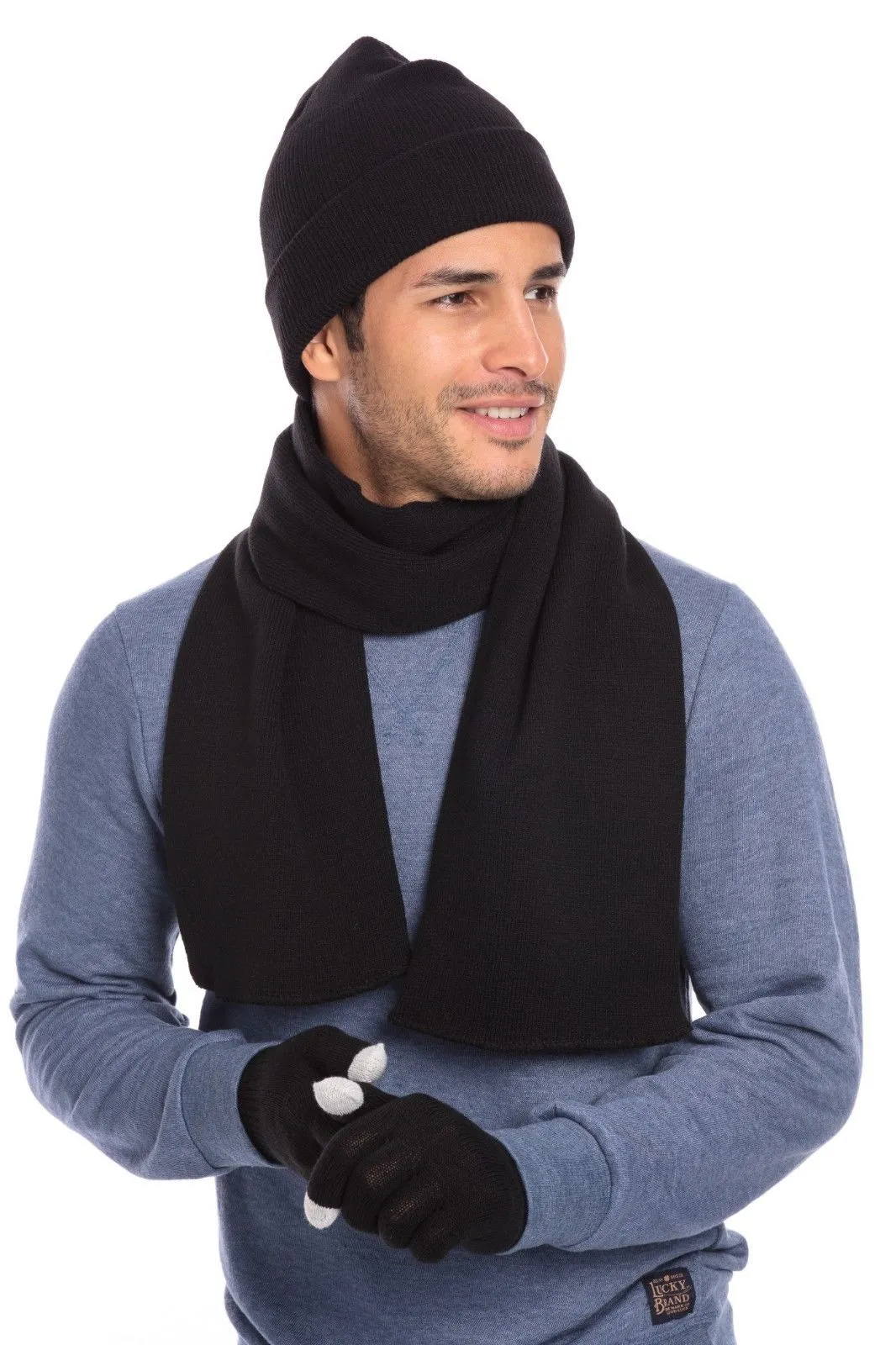 Casaba Winter 3 Piece Set Beanie Hat Scarf Touchscreen Gloves Flat Knit for Men Women