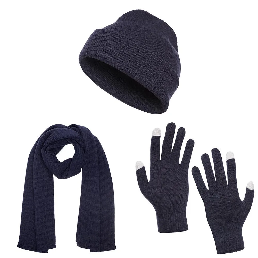 Casaba Winter 3 Piece Set Beanie Hat Scarf Touchscreen Gloves Flat Knit for Men Women