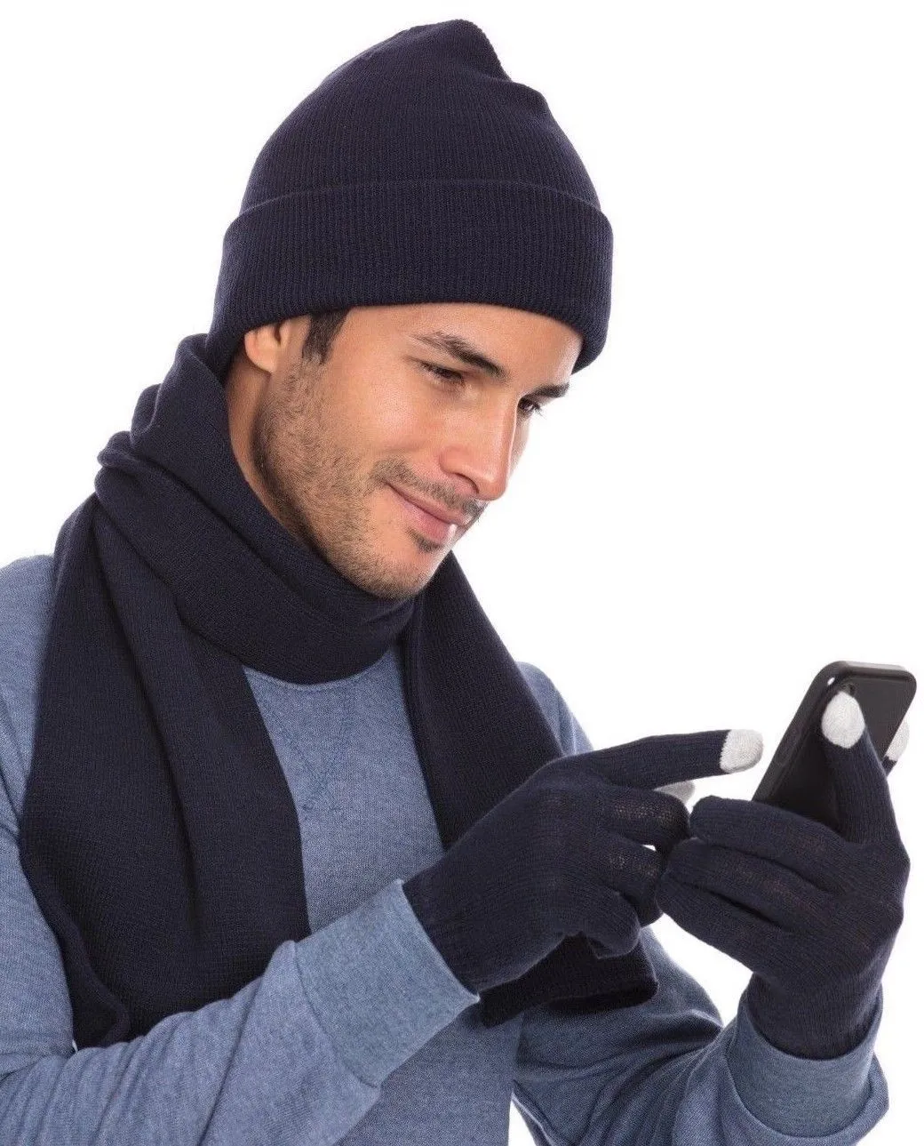 Casaba Winter 3 Piece Set Beanie Hat Scarf Touchscreen Gloves Flat Knit for Men Women