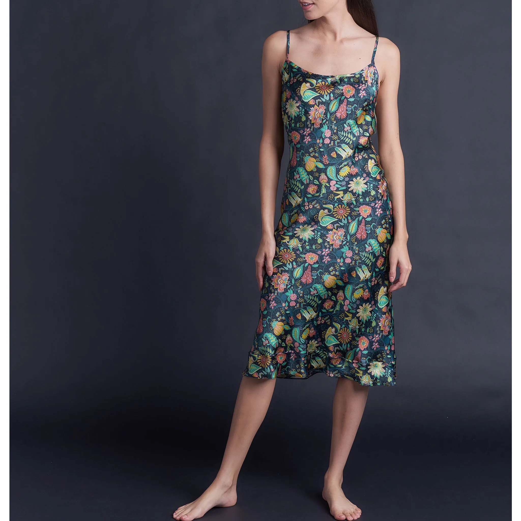 Celeste Tea Length Slip Dress in Liberty of London Tree of Life Silk Charmeuse