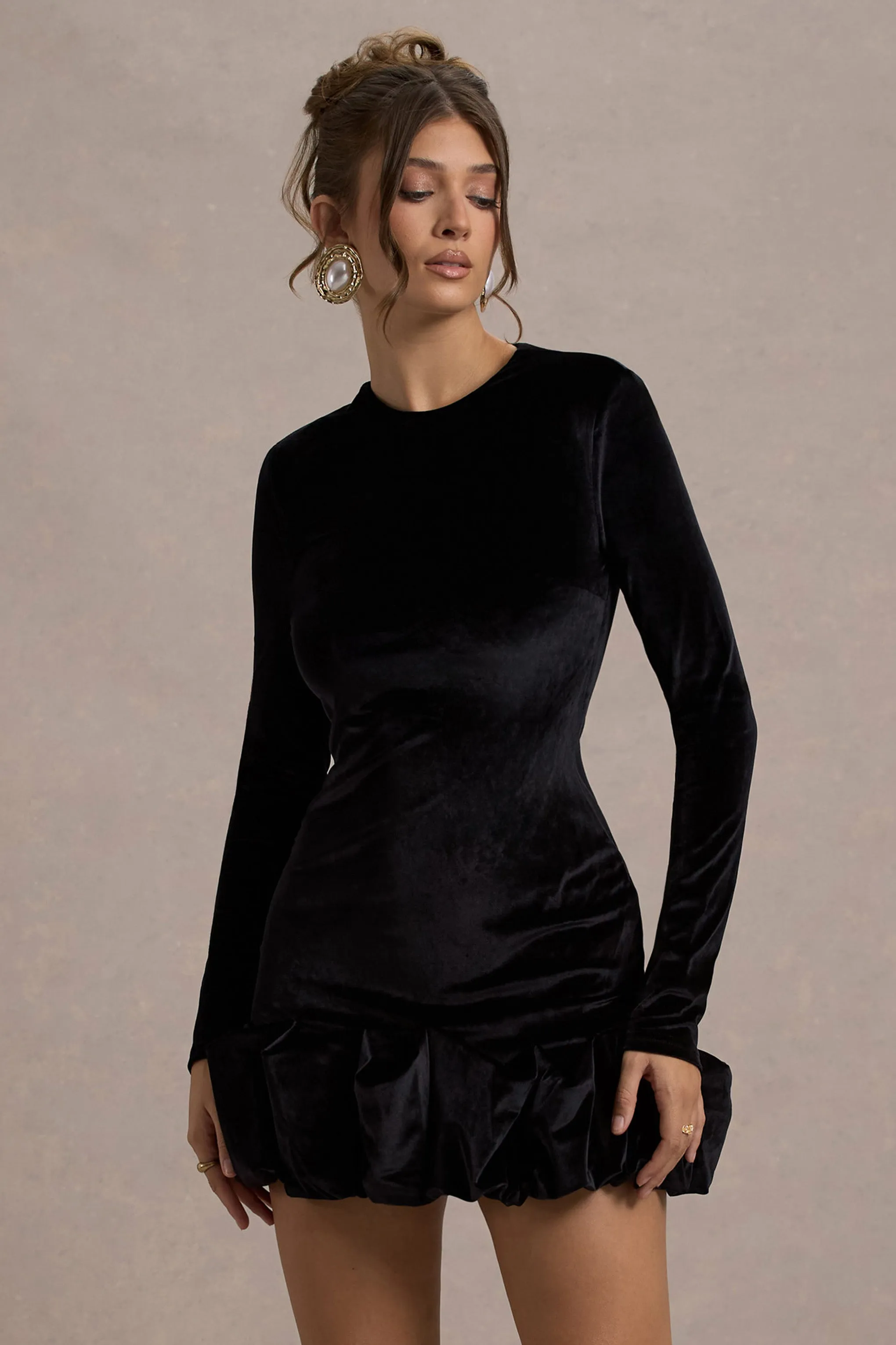 Claudine | Black Velvet Long-Sleeved Ruffled Mini Dress