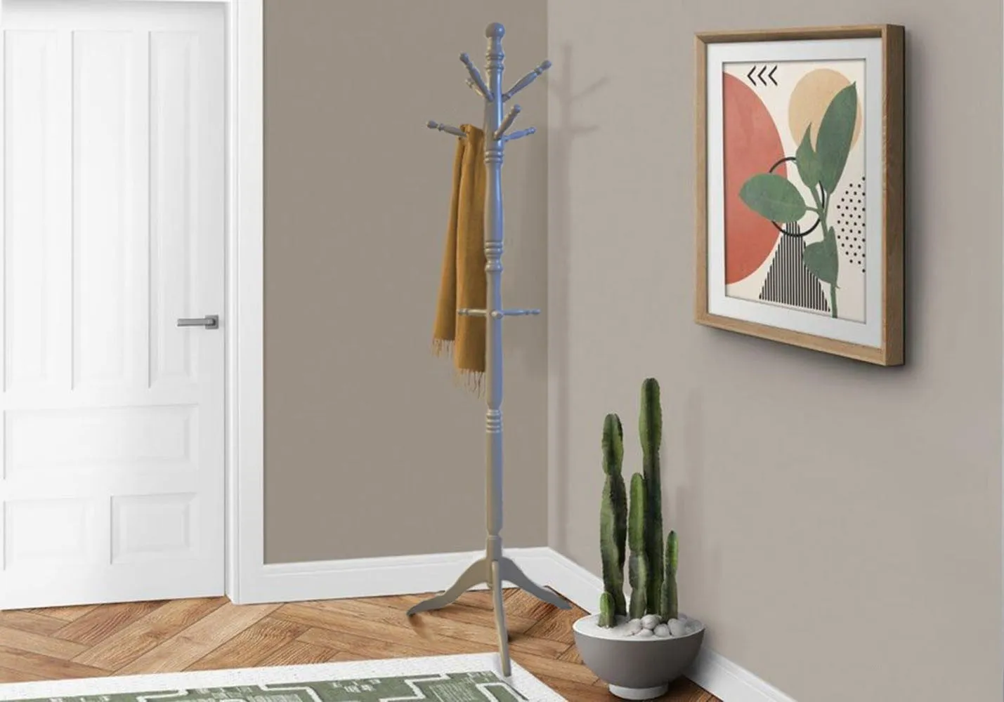 Cleo Wooden Coat Stand with 9 Hooks-Solid Wood in Grey Finish