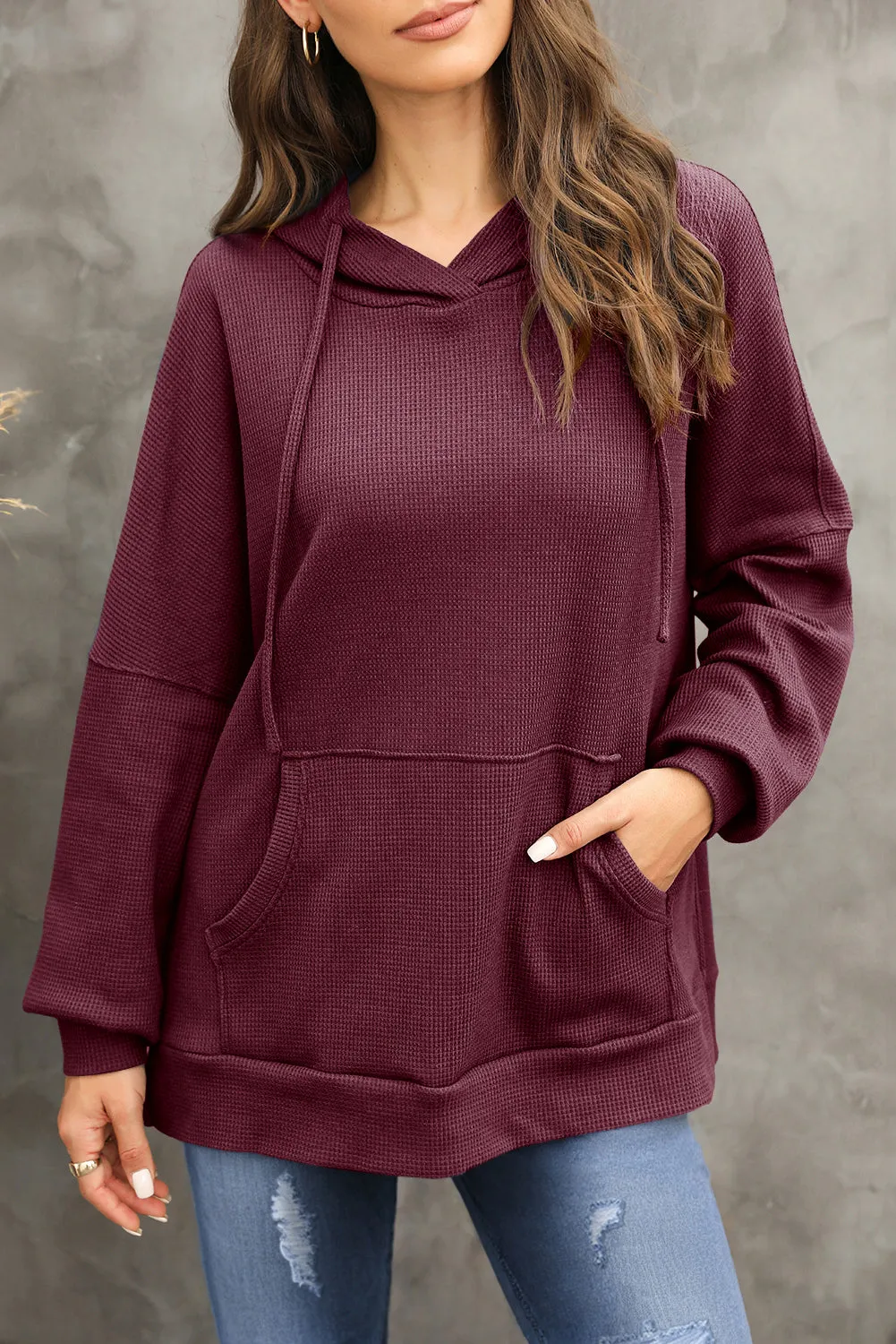 Coffee Waffle Knit High Low Oversized Hoodie