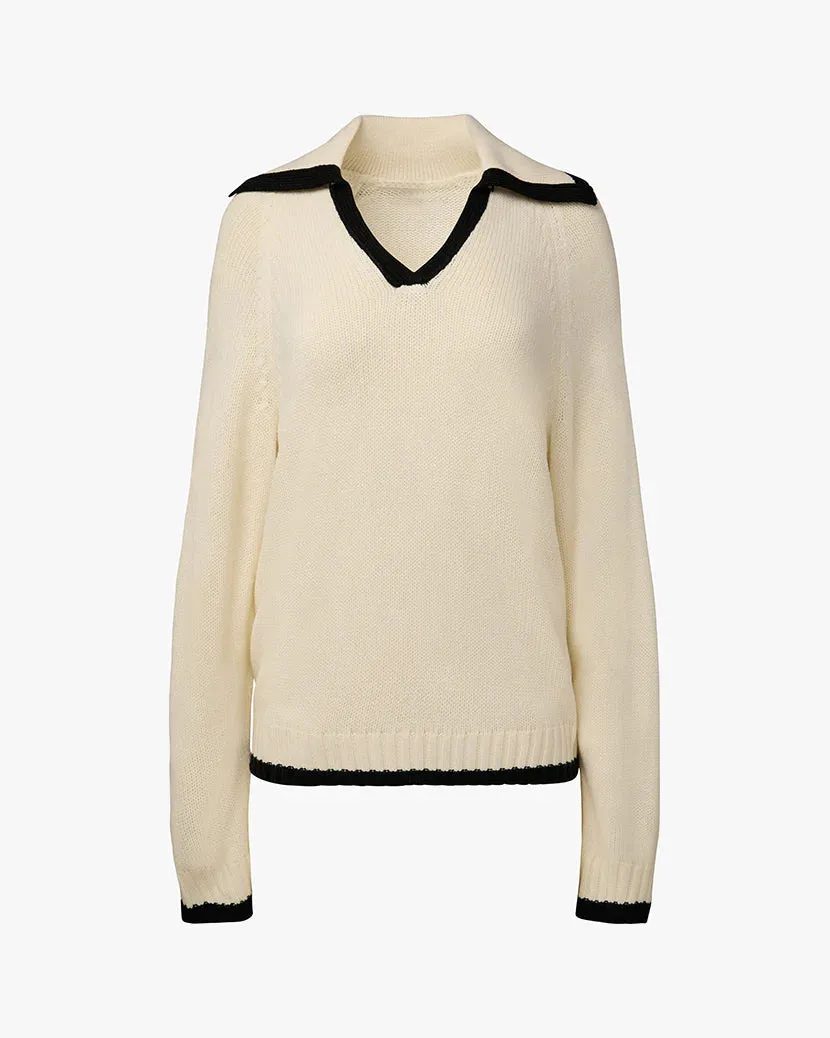 Collar V Neck Sweater Ivory Black