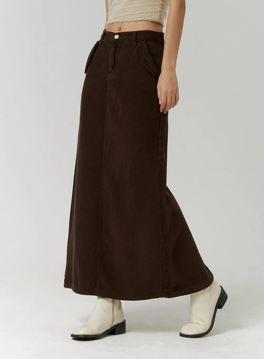 Corduroy Mid-Rise Solid Maxi Skirt CD315