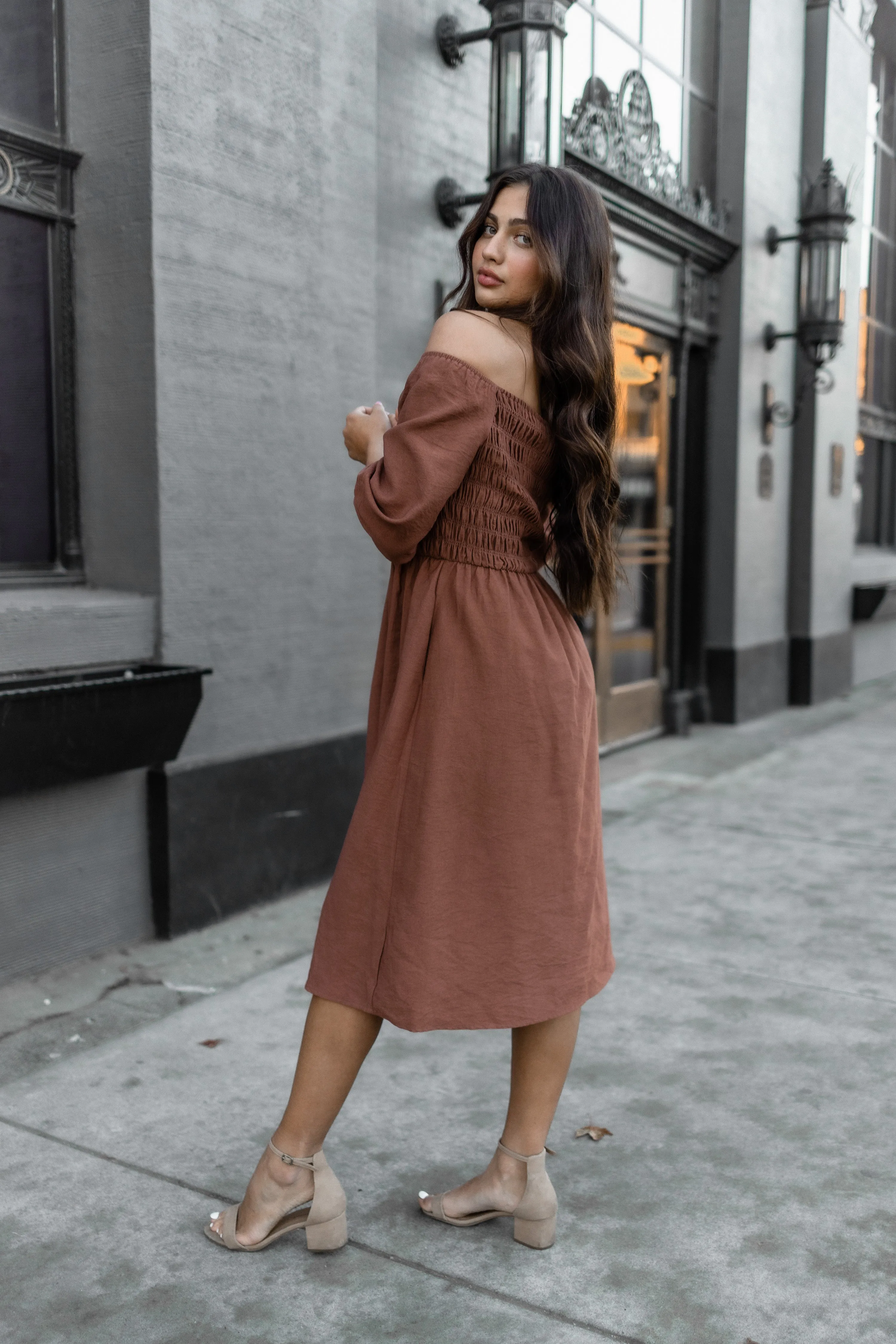 Corduroy smocked dress midi