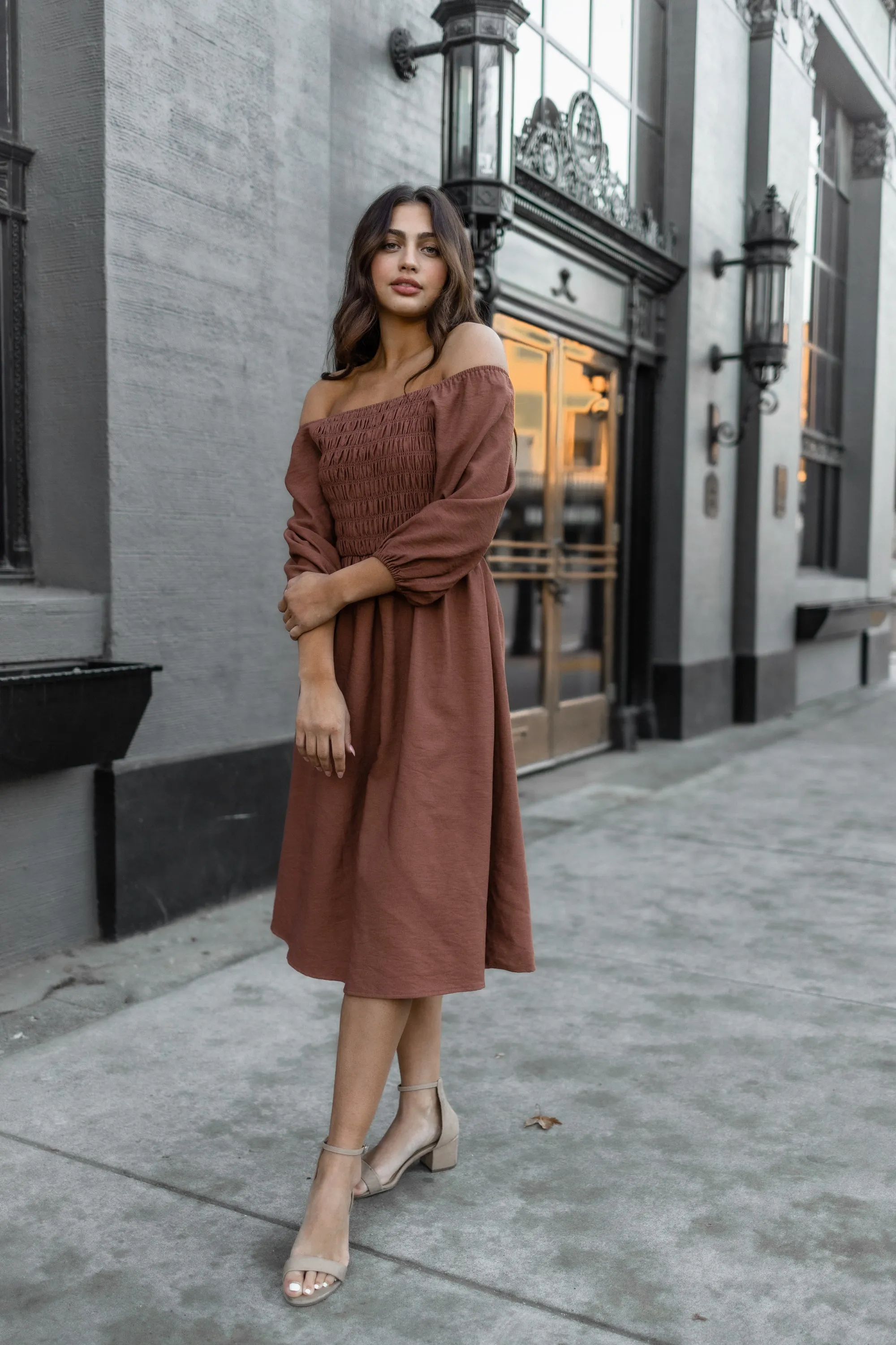 Corduroy smocked dress midi