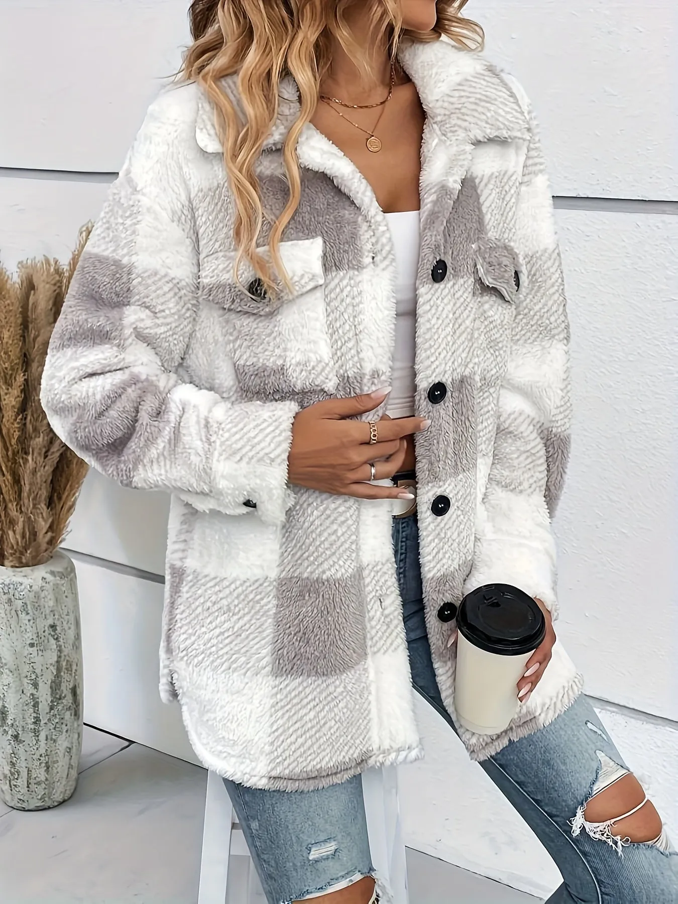 Cozy Plaid Fuzzy Jacket Warm  Stylish Womens Outerwear