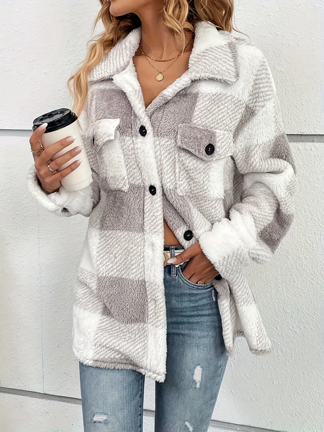 Cozy Plaid Fuzzy Jacket Warm  Stylish Womens Outerwear