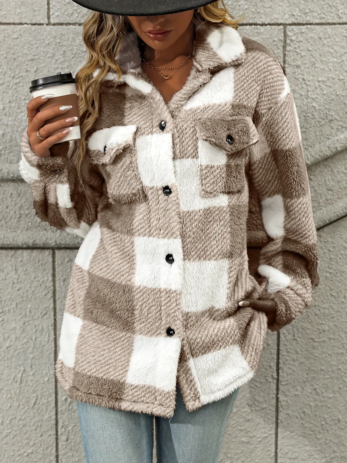 Cozy Plaid Fuzzy Jacket Warm  Stylish Womens Outerwear