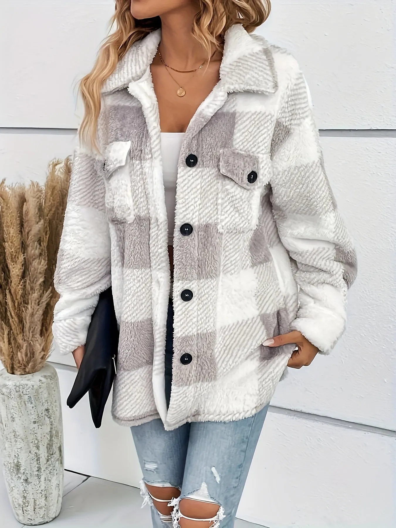 Cozy Plaid Fuzzy Jacket Warm  Stylish Womens Outerwear