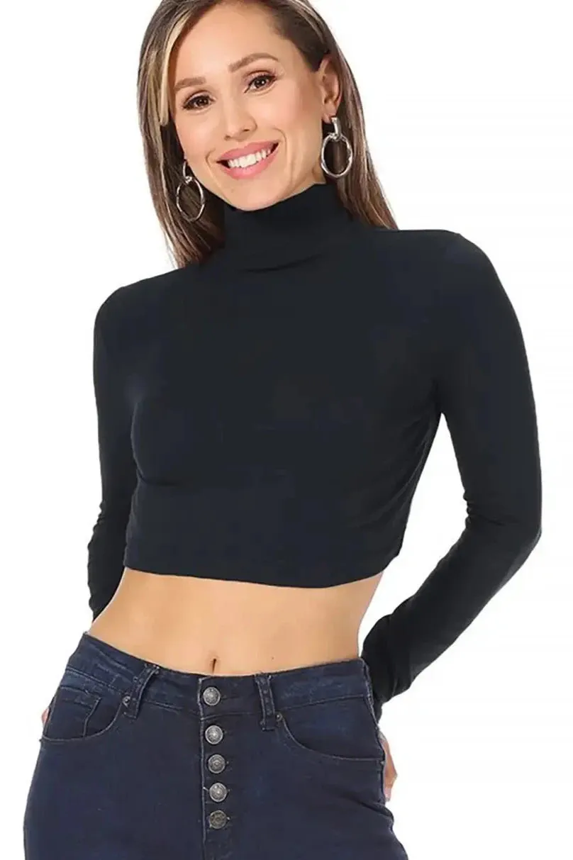 Cropped Mock Turtleneck Top in Black