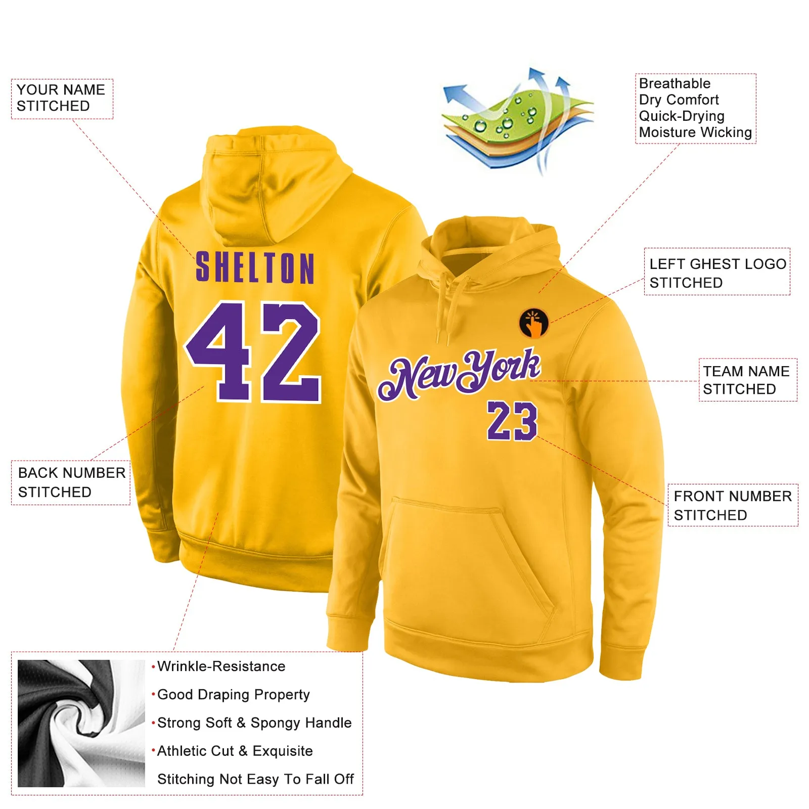 Custom Stitched Gold Purple-White Sports Pullover Sweatshirt Hoodie