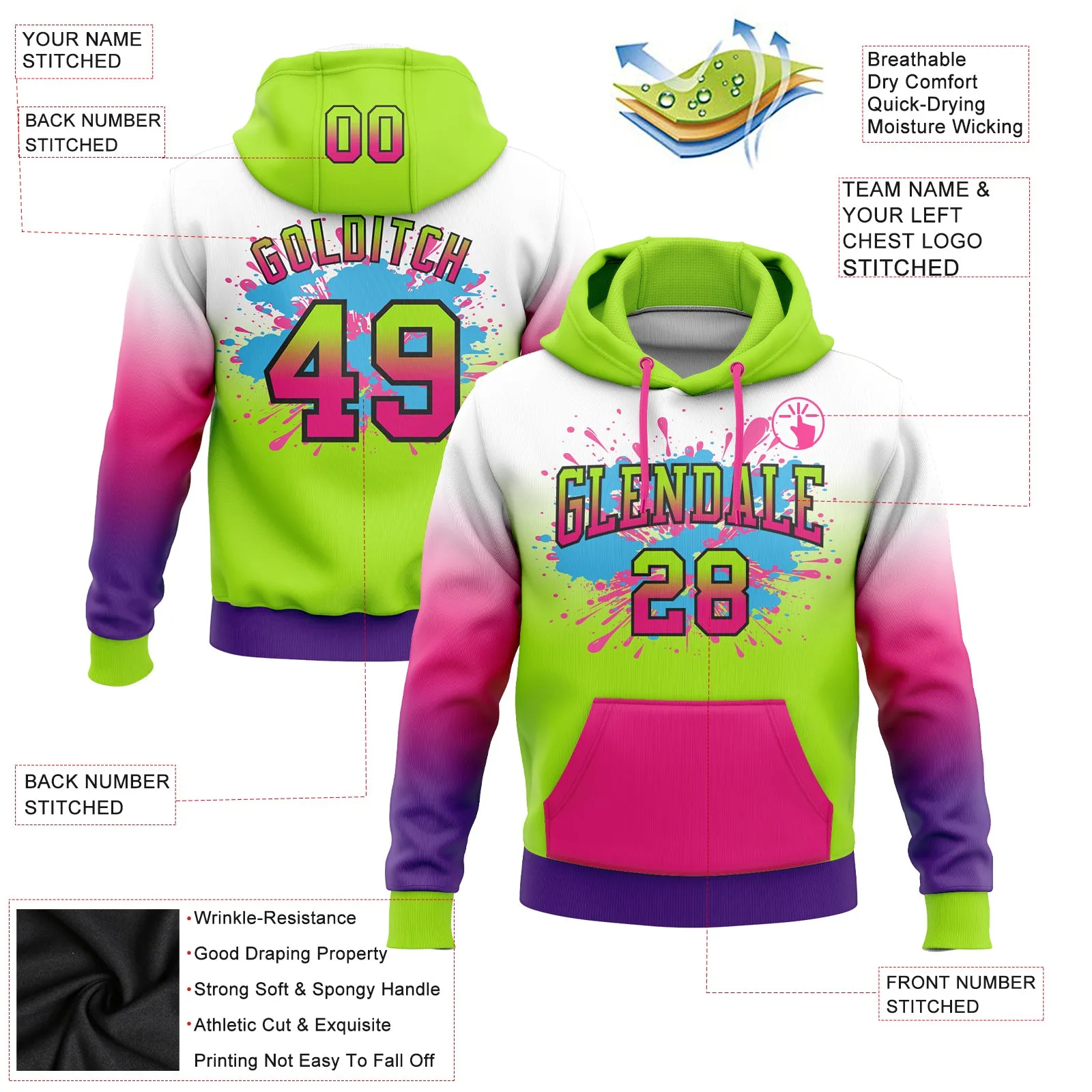 Custom Stitched White Neon Green Hot Pink Purple-Black Fade Fashion Splash Sports Pullover Sweatshirt Hoodie