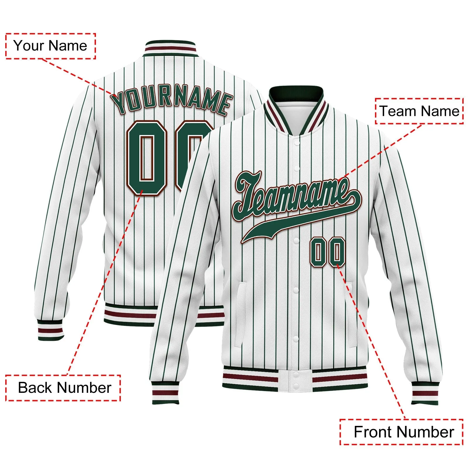 Custom White Green Stripe Fashion Jacket Bomber Full-Snap Varsity Letterman Personalized Jacket FZ005-D020219-29