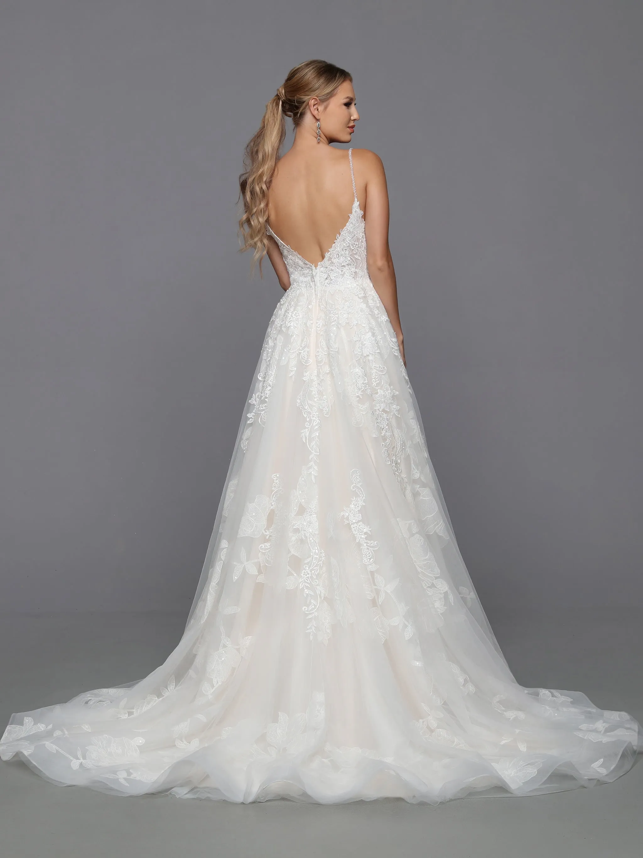 DaVinci Bridal 50768 A-Line Ballgown Floral Lace Deep V-Neck Open Back Spaghetti Straps Wedding Gown