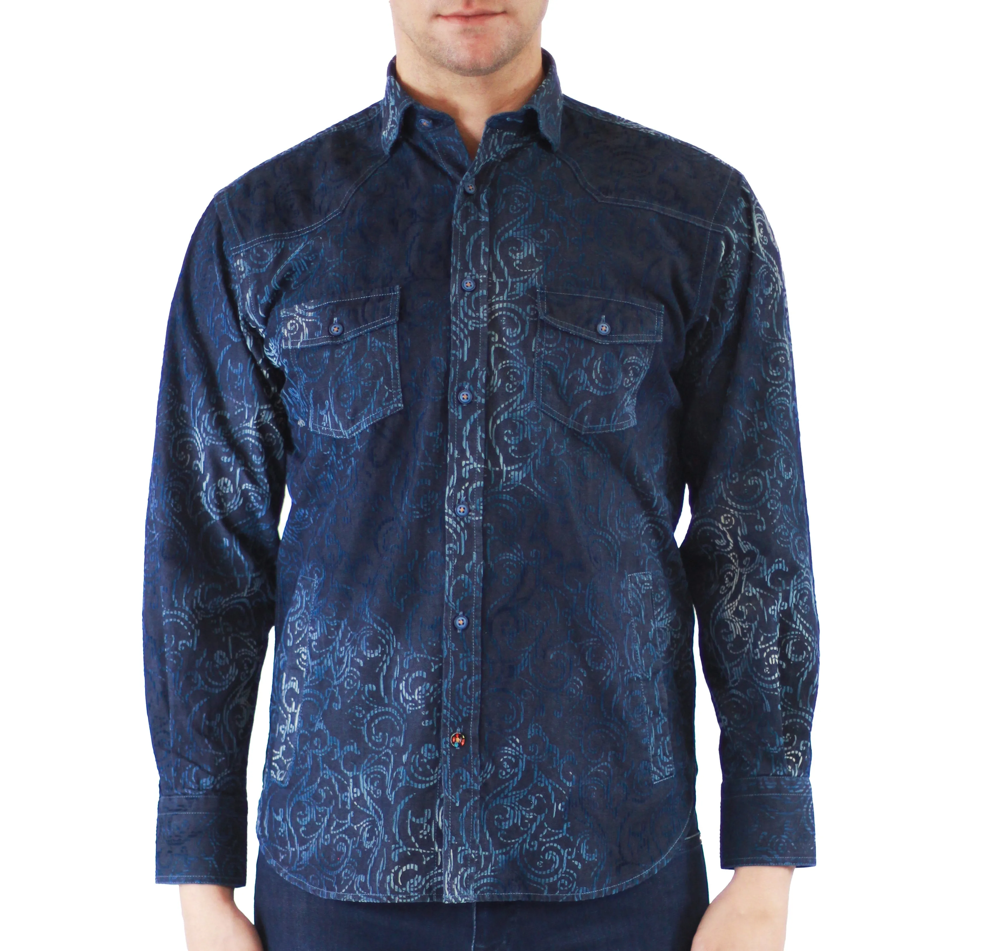 Denim Shirt Jacket with Flocked Blue Paisley Swirl