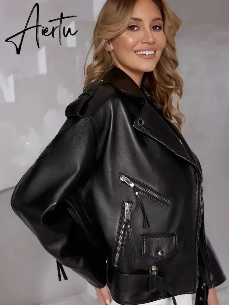 Dirty Pu Leather Biker Jackets Womens Oversize Boyfriend Bomber Jacket Ladies Loops on the Shoulders Black Coats