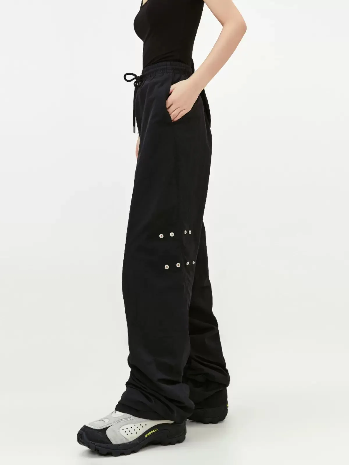 Drawstring Snap Button Pleated Pants