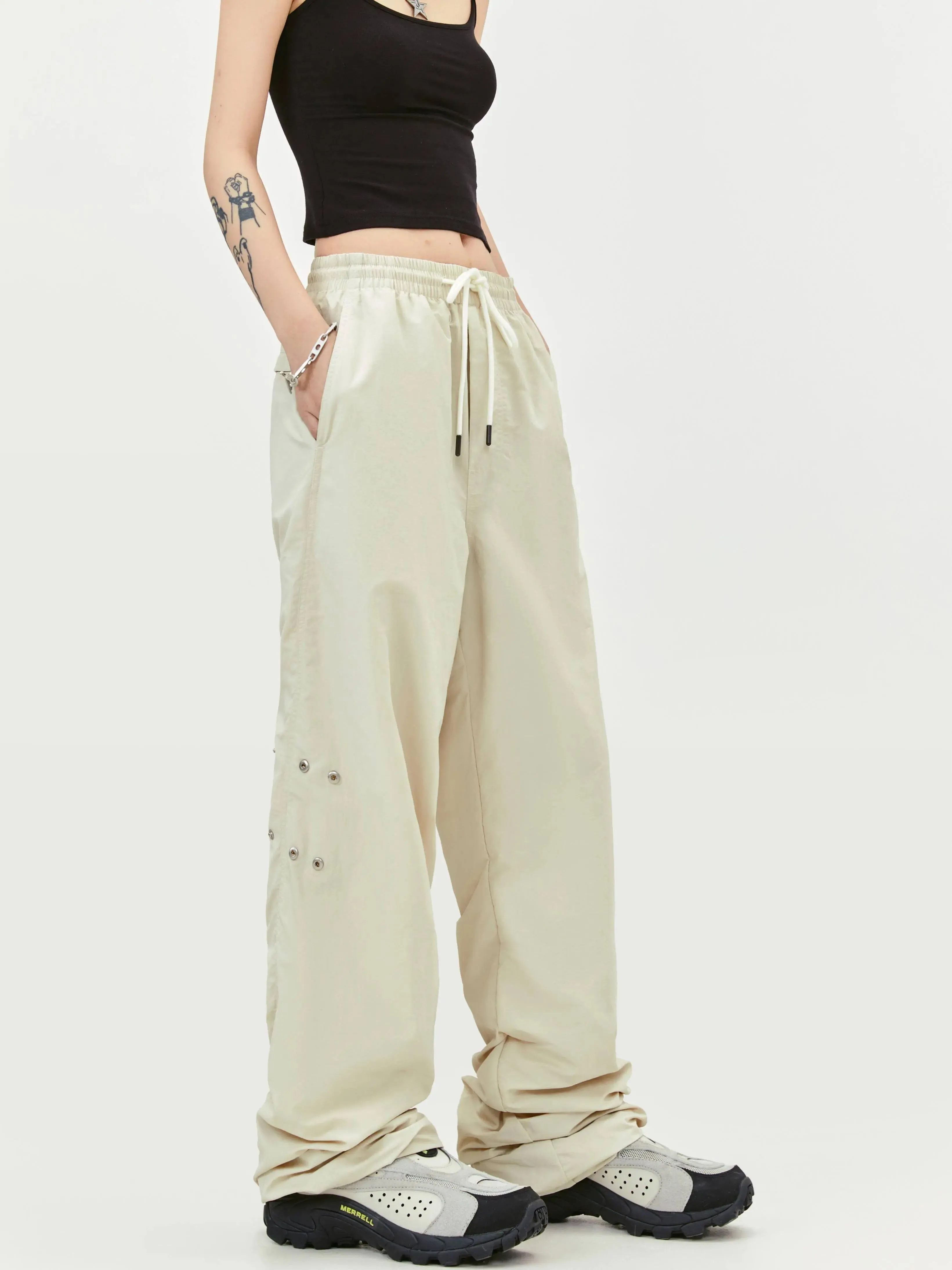 Drawstring Snap Button Pleated Pants