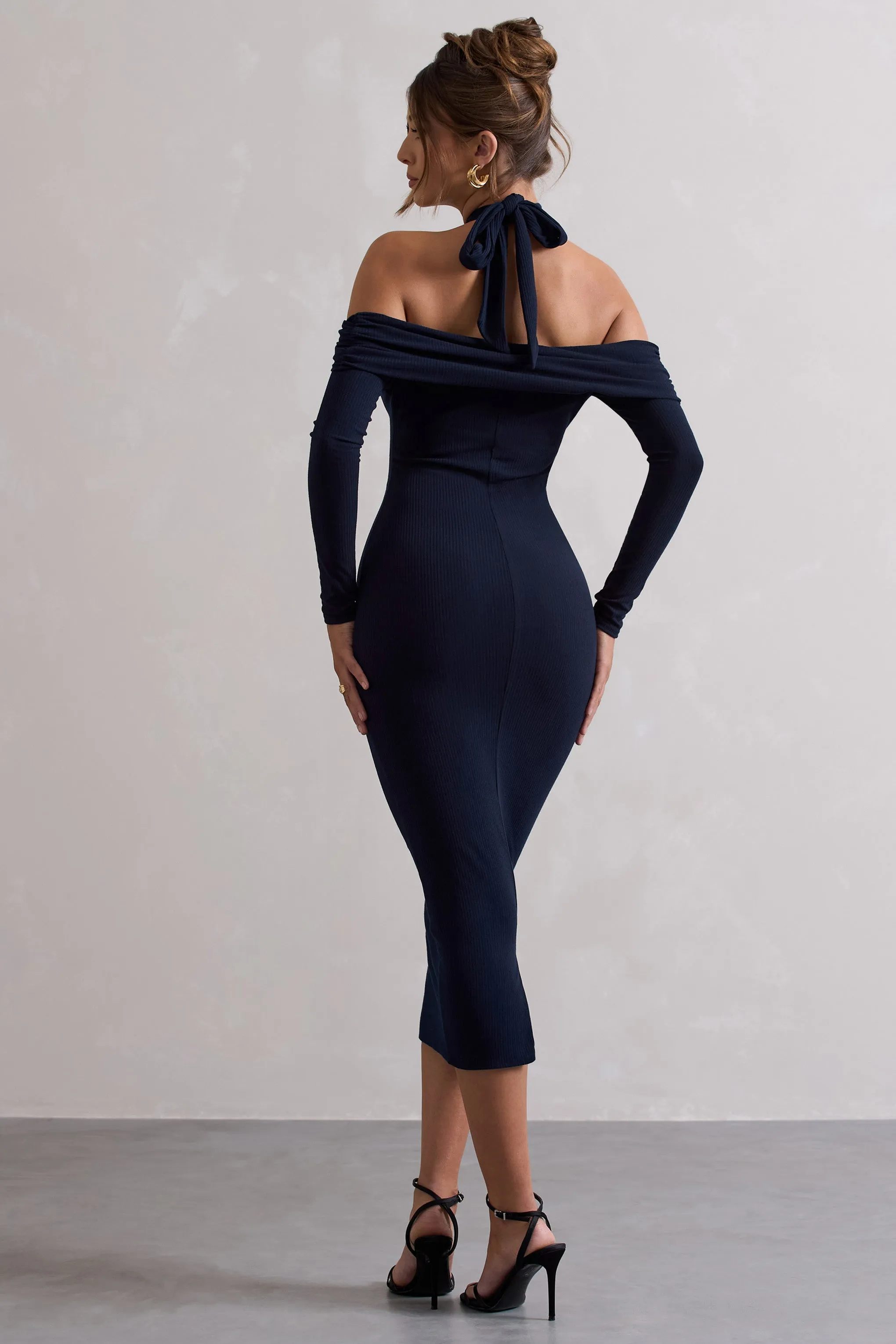 Duet | Navy Rib Knit Halter-Neck Midi Dress With Cut-Out