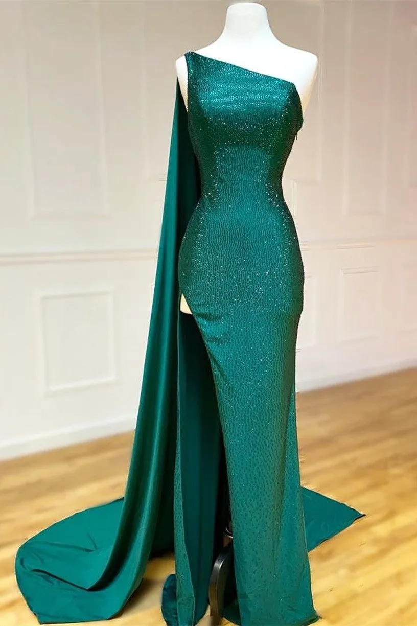 Elegant One Shoulder Emerald Green Long Prom Dress With Shawl