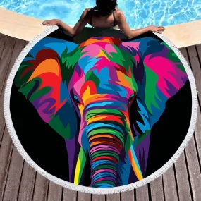 Elephant Rainbow Round Beach Towel