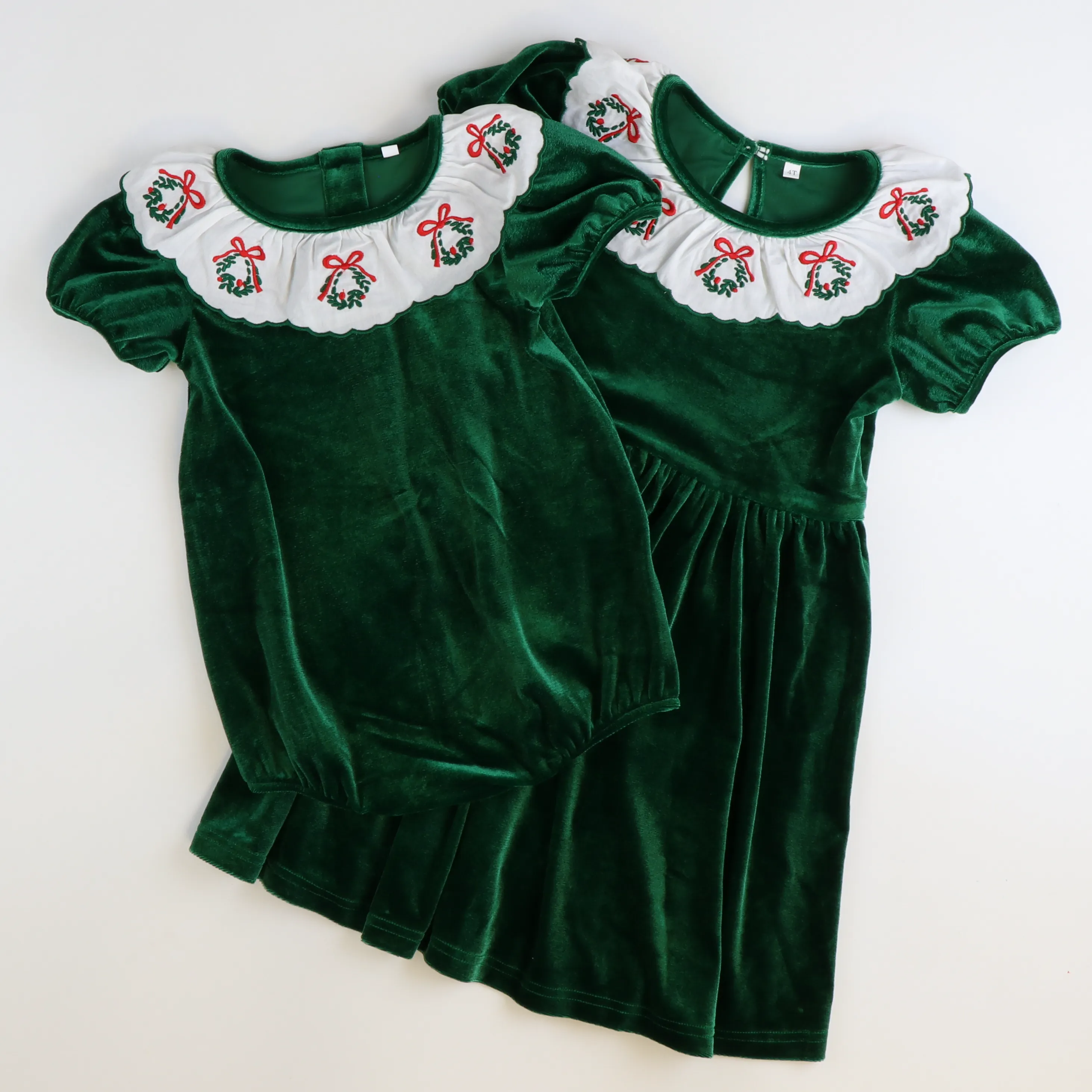 Embroidered Wreath Emerald Velvet Dress