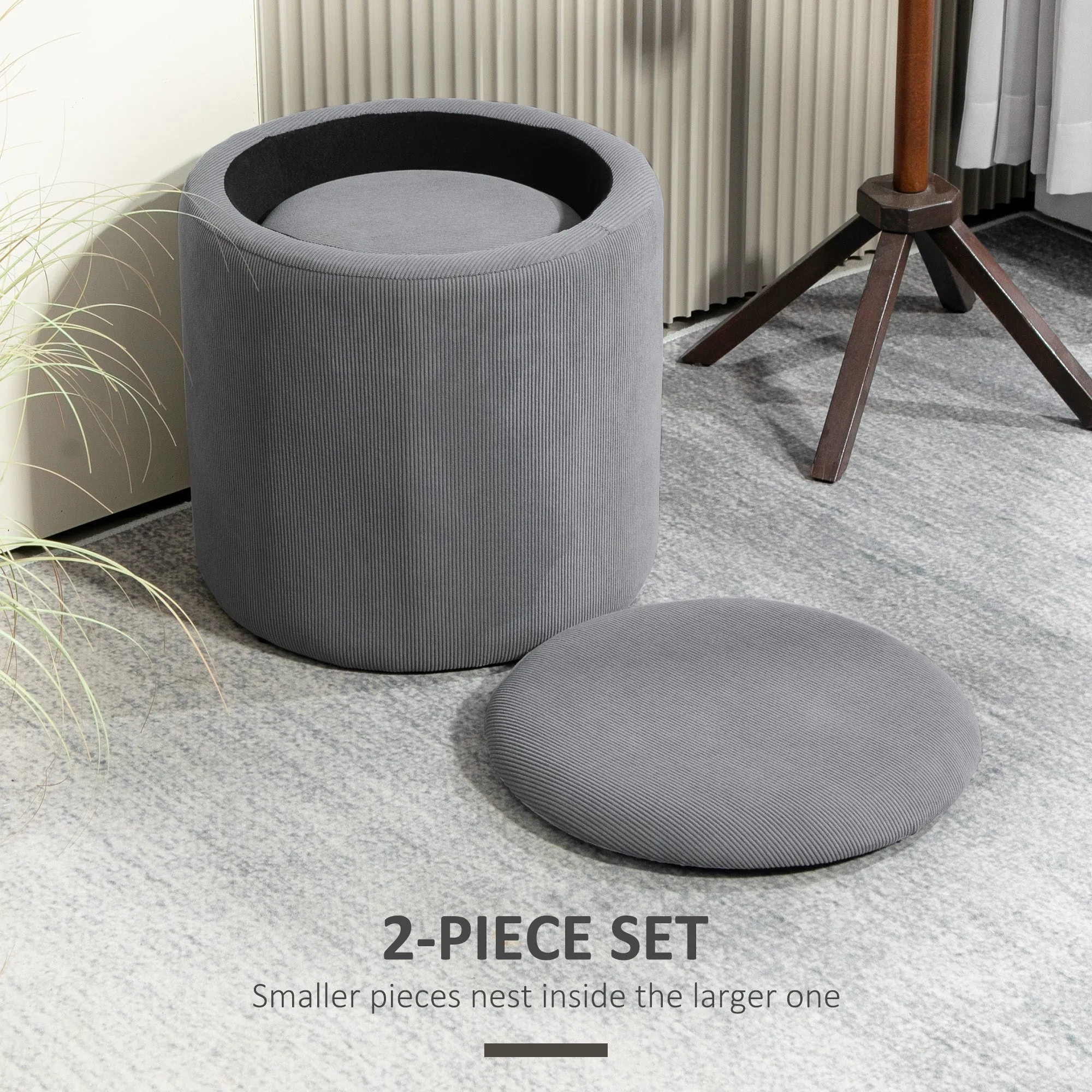 Fabric Storage Ottoman with Removable Lid, Set of 2, Light Grey