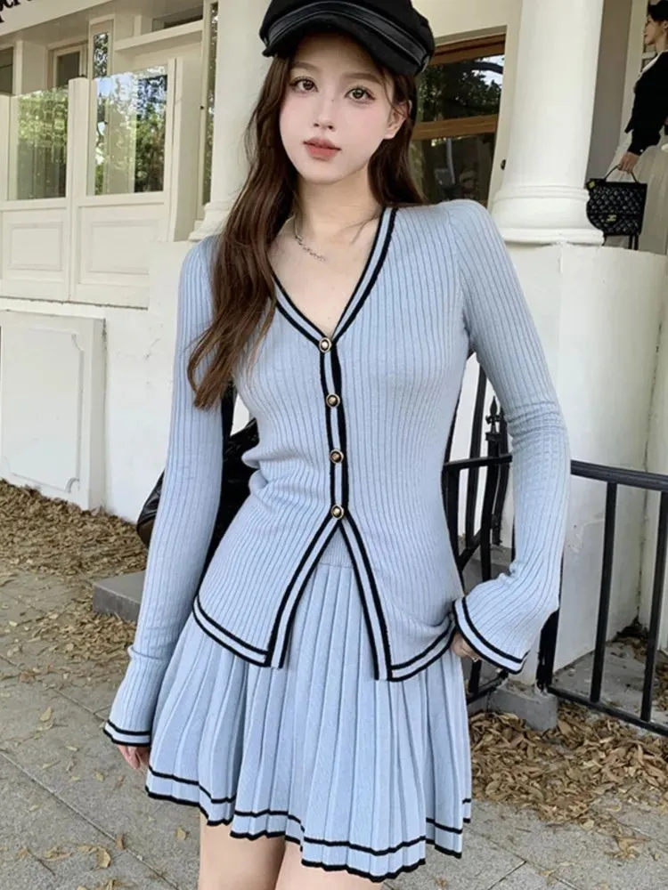 Fashionkova Elegant Knitted Two-piece Skirt Set Women Single Breasted V-neck Cardigan Mini Pleated Skirt Autumn Spring Y2K Slim Fit Outfits