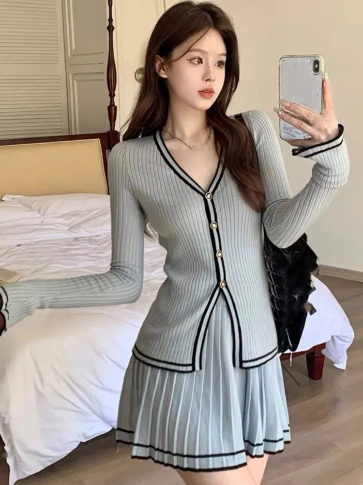 Fashionkova Elegant Knitted Two-piece Skirt Set Women Single Breasted V-neck Cardigan Mini Pleated Skirt Autumn Spring Y2K Slim Fit Outfits