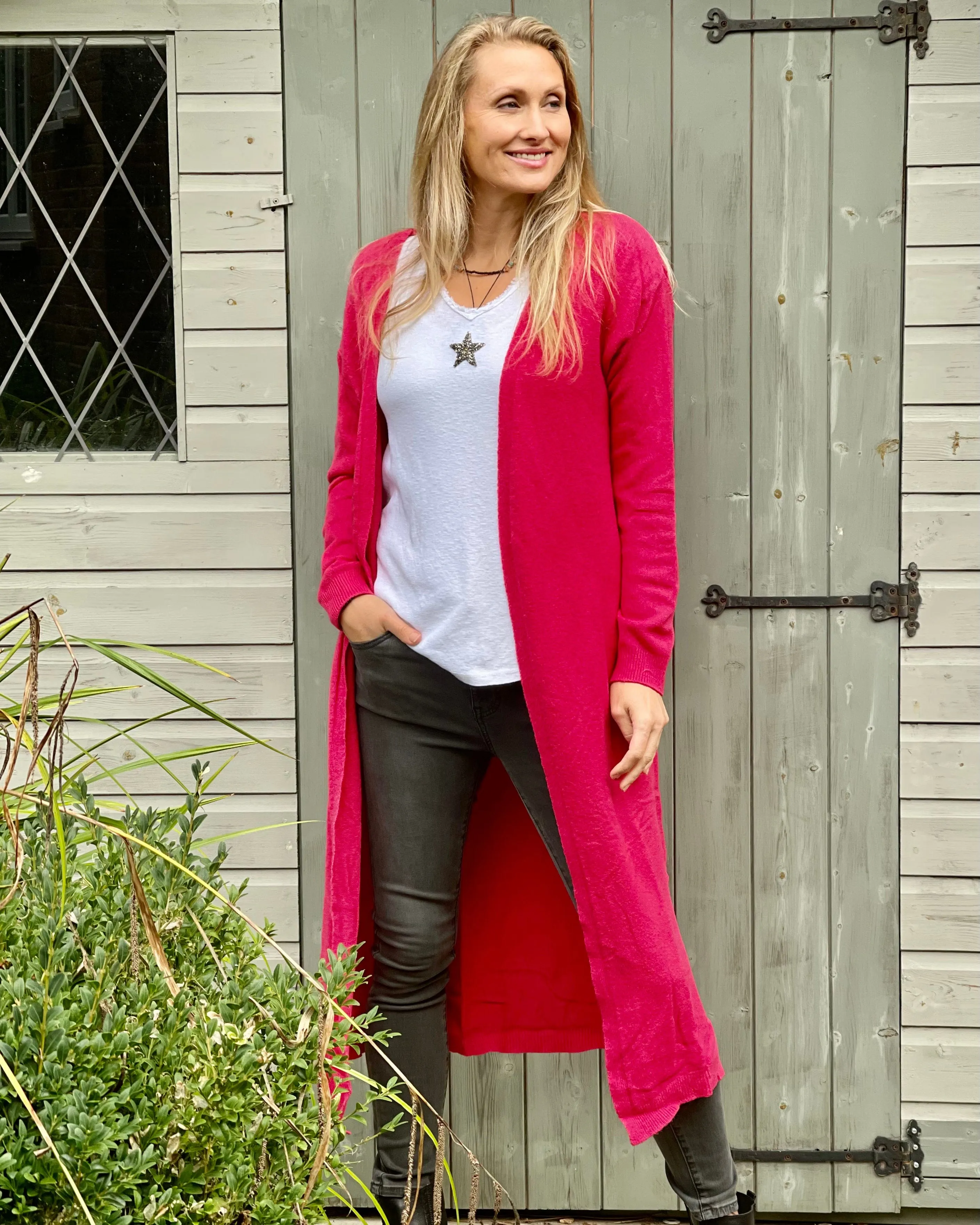 Fine Knit Long Cardigan - Red