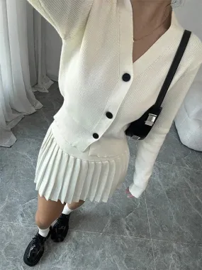 Flytonn Vintage Female Knit 2 Piece-Set Pleated Skirts Casual Ribbed Cardigan Sweater And Skirt Sets Female Knitwear Outfits 2024