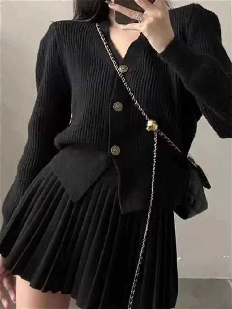 Flytonn Vintage Female Knit 2 Piece-Set Pleated Skirts Casual Ribbed Cardigan Sweater And Skirt Sets Female Knitwear Outfits 2024