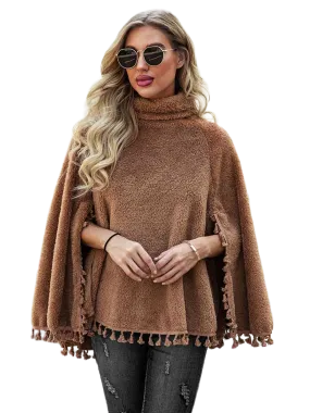 Full Size Turtleneck Tassel Hem Poncho