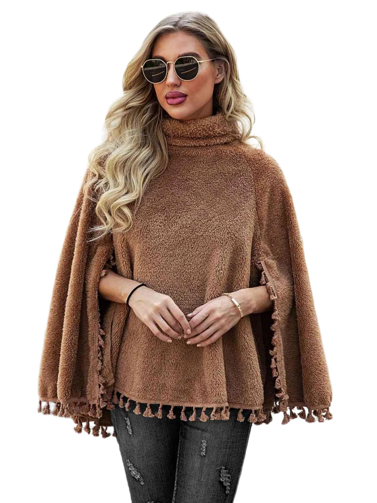 Full Size Turtleneck Tassel Hem Poncho