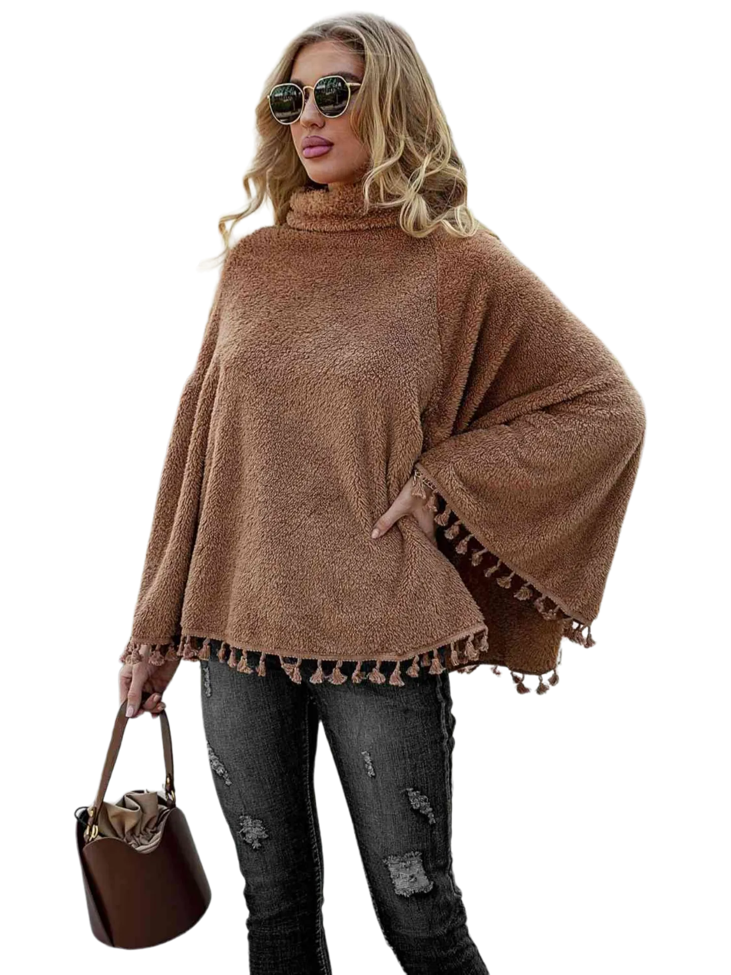 Full Size Turtleneck Tassel Hem Poncho