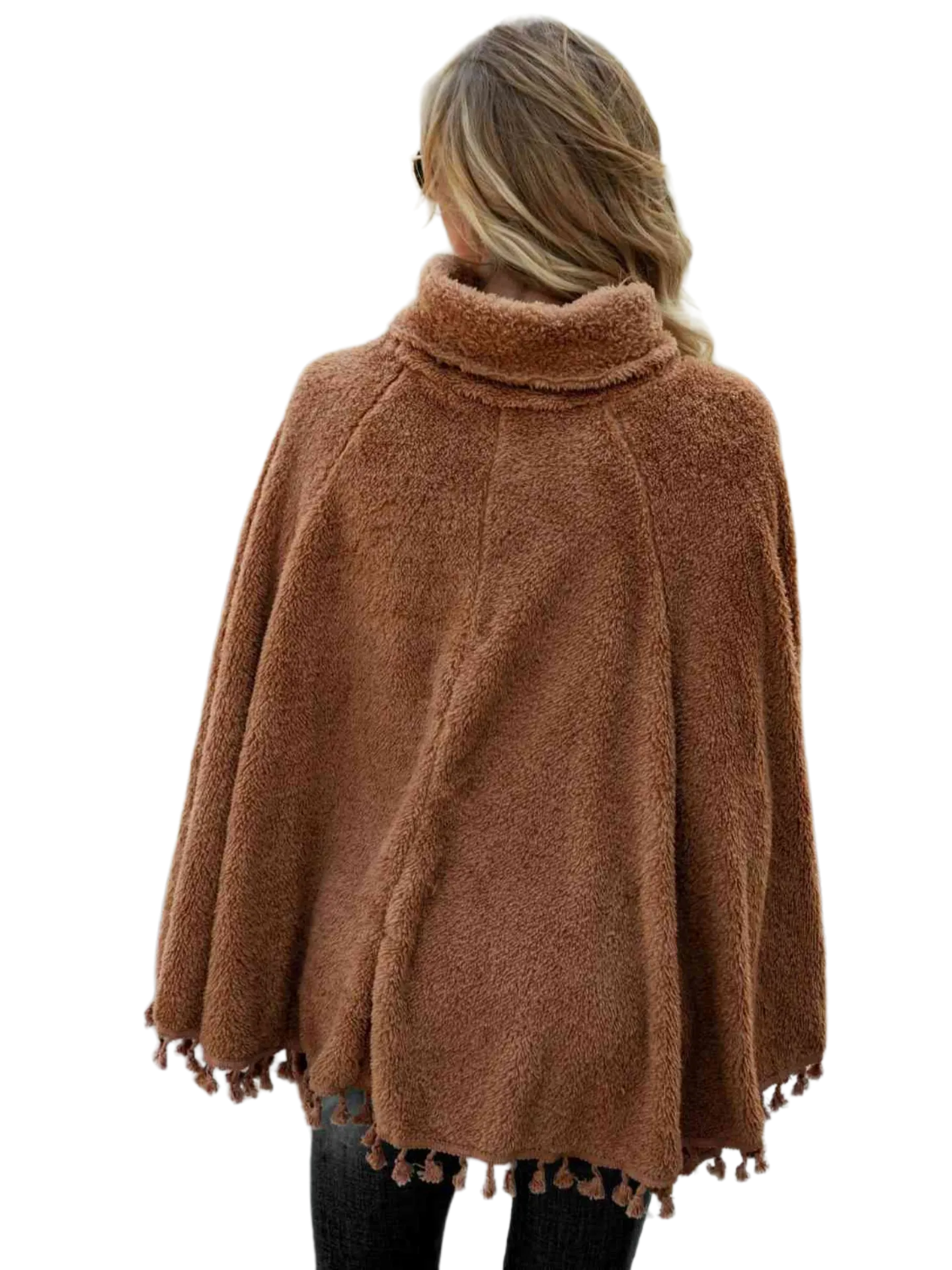 Full Size Turtleneck Tassel Hem Poncho