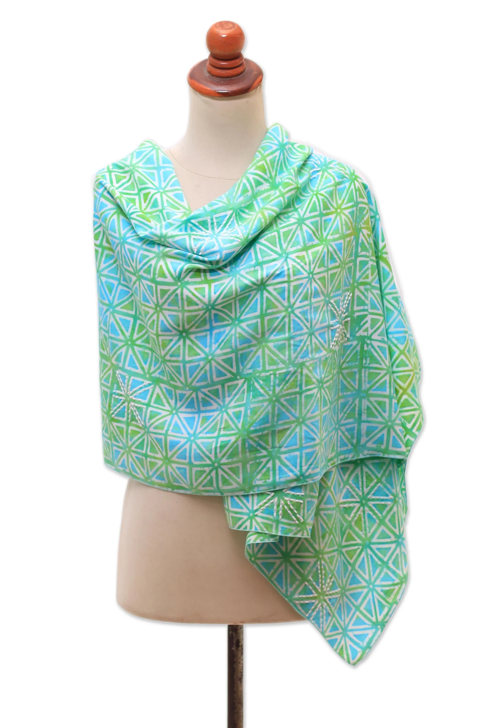 Geometric Hand-Stamped Batik Rayon Shawl from Bali - Elegant Pave | NOVICA