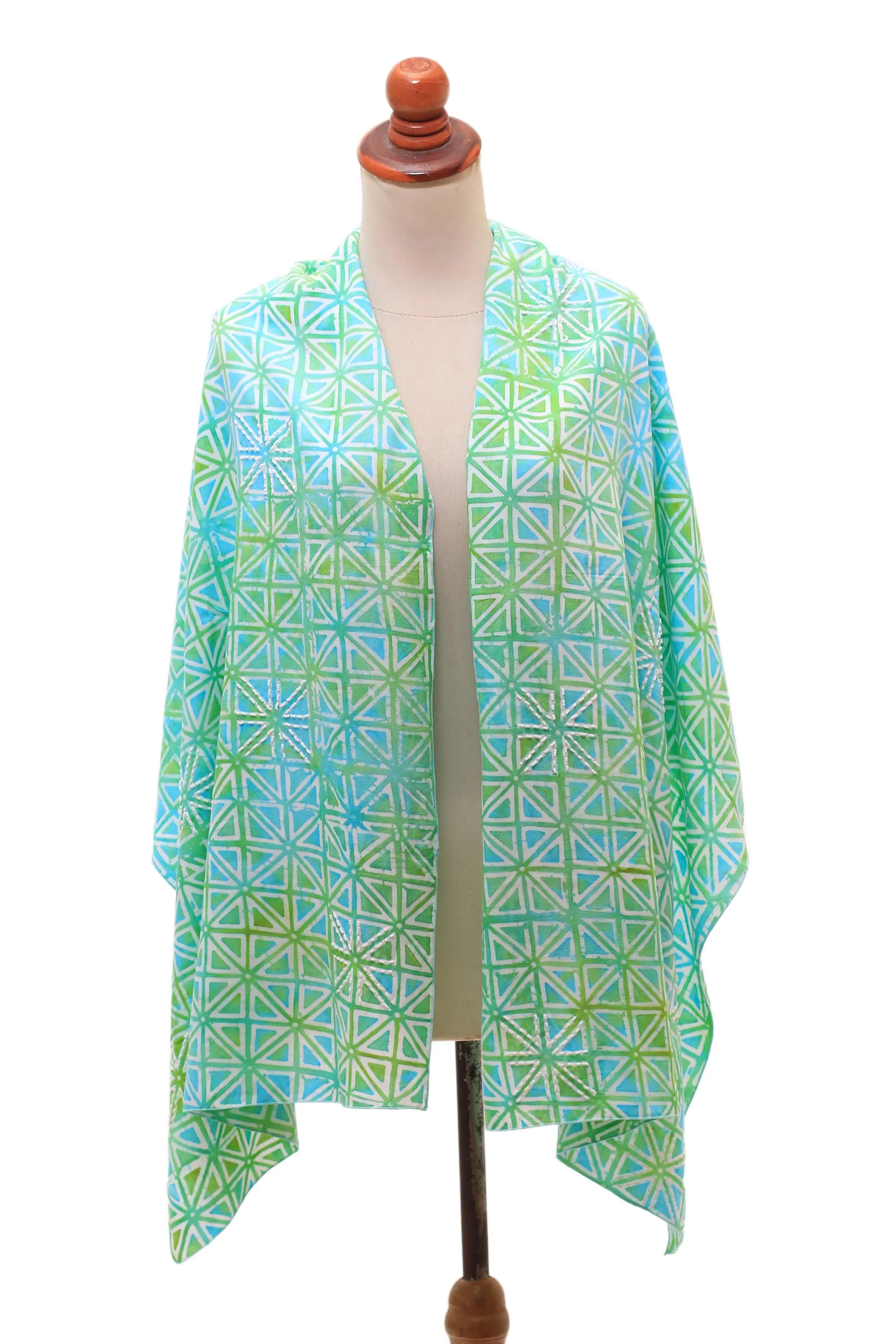 Geometric Hand-Stamped Batik Rayon Shawl from Bali - Elegant Pave | NOVICA