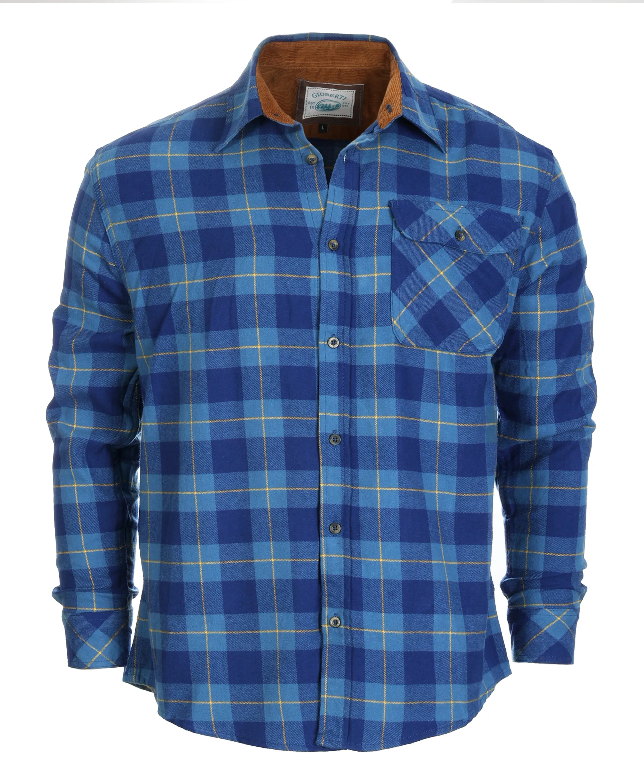 Gioberti Men's Blue / Cobalt / Yellow Highlight 100% Cotton Brushed Flannel Plaid Checkered Shirt with Corduroy Contrast