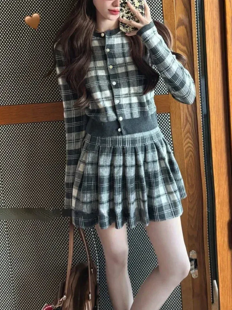 Girlary Autumn Korean Sweet College Style Knit Suit Women Plaid Cardigan   Pleated Skirt Sets Vintage High Waist Slim Two Piece Sets New