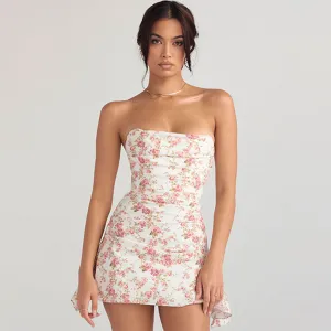 Glamorous Rose Printed Asymmetrical Ruched Strapless Corset Mini Dress - Floral