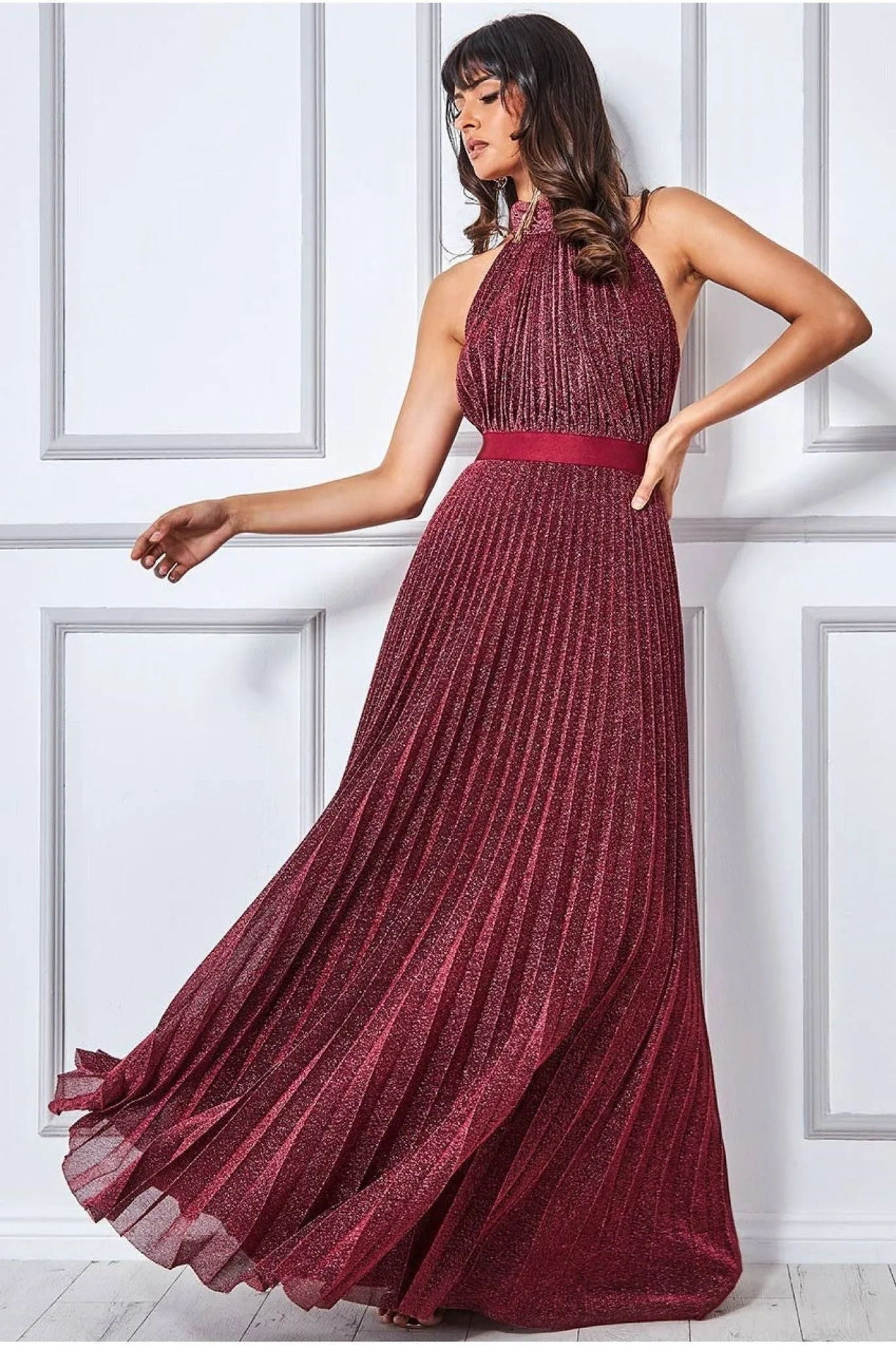 Goddiva Lurex Halterneck Pleated Maxi Dress - Wine