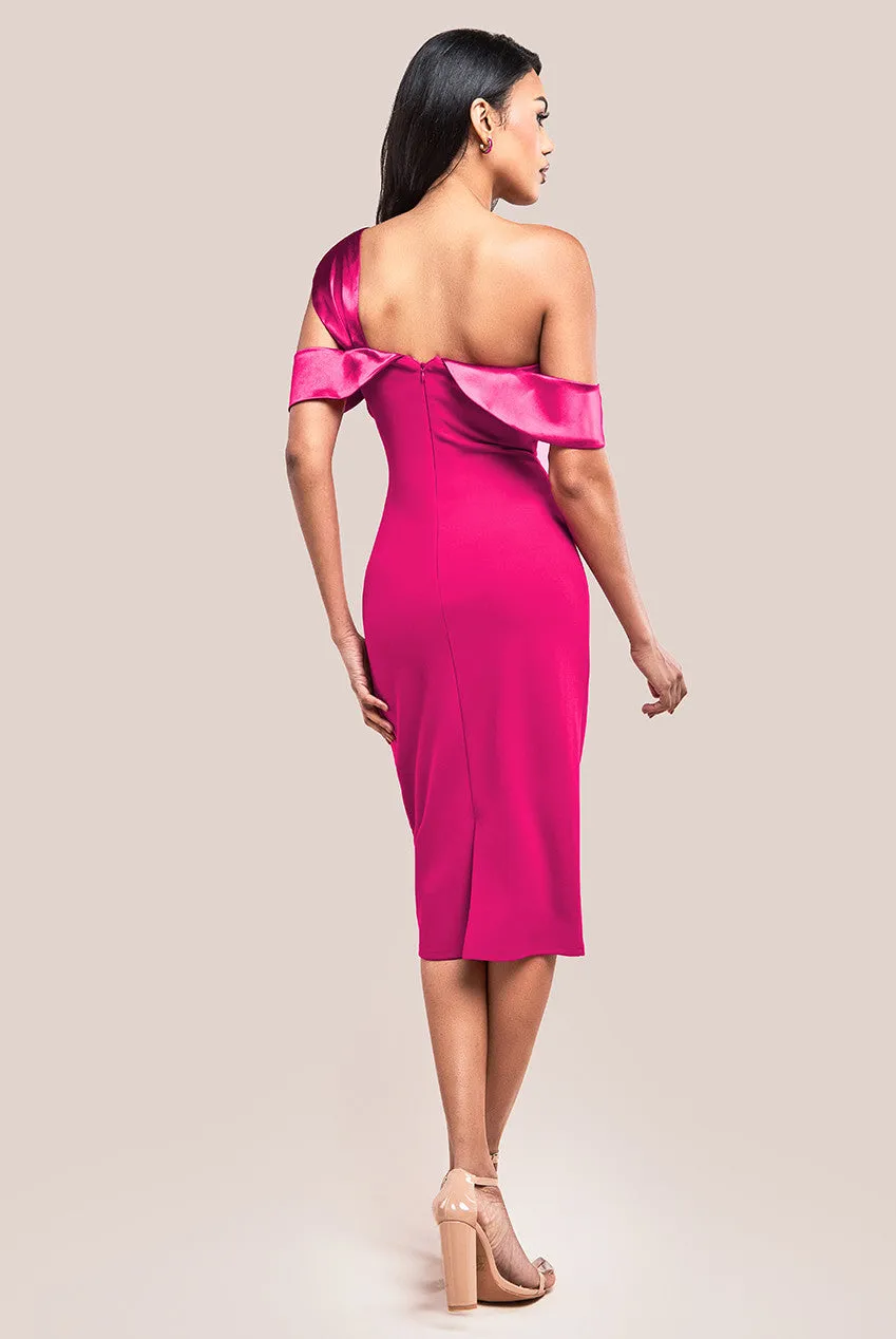 Goddiva One Shoulder Satin Band Bodycon Midi Dress - Magenta