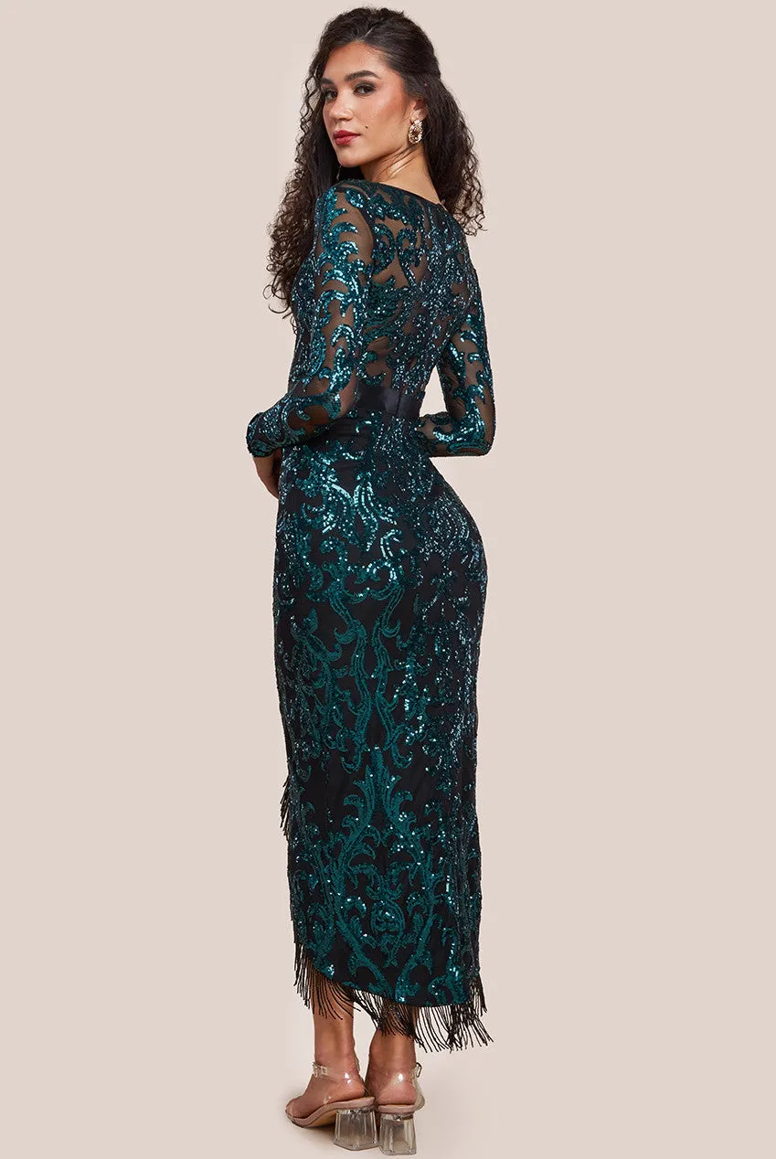 Goddiva Tassel & Sequin Maxi With Front Split - Emerald Green